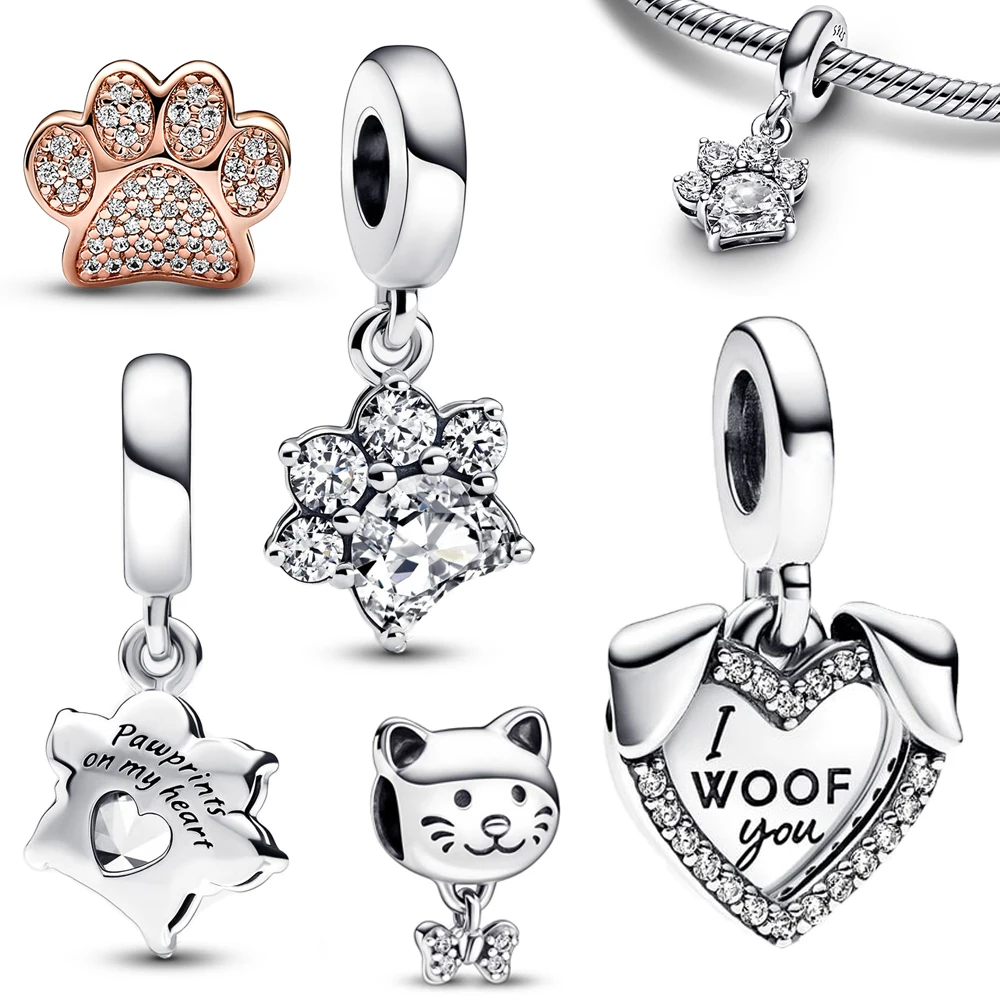 Animal Series 925 Silver Shiny Paw Print Pendant Pet Dog Cat & Bow Charm Fit Pandora Bracelet and Necklace Jewelry Gift