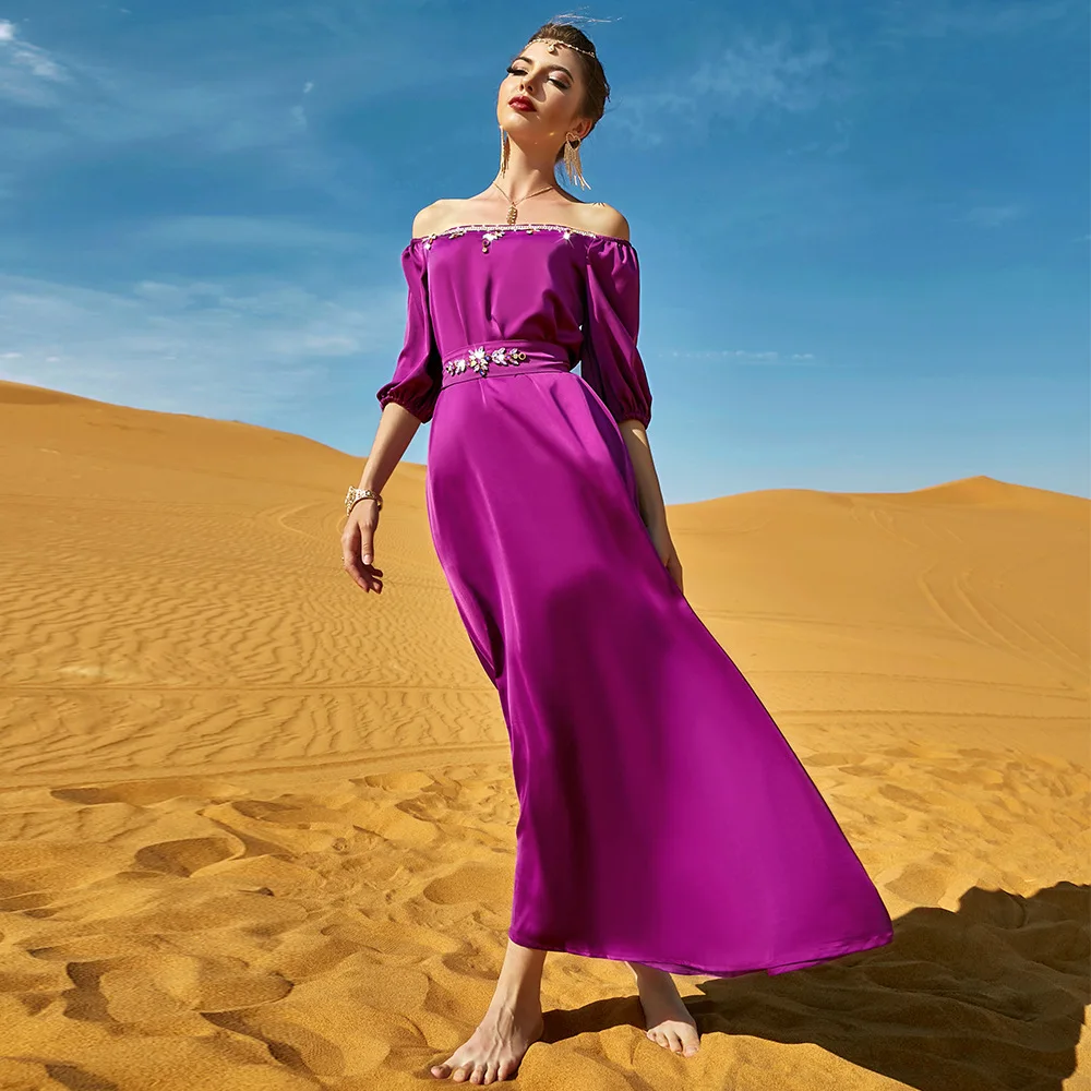 Women's Long Diamond Abaya Muslim Dress Solid Color With Belt Laftan Dubai Turkey Arab Islamic Moroccan Caftan Evening Dresses