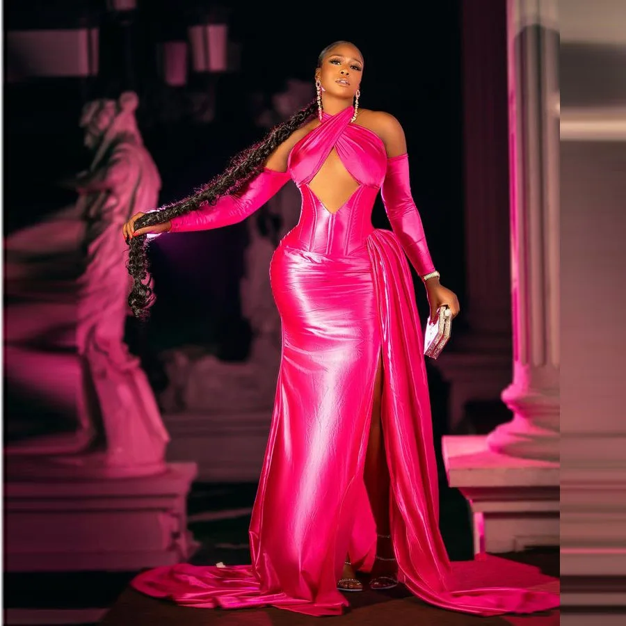 

Aso Ebi Sexy Evening Dresses Pink Faux Leather Long Party Dress abendkleider Formal Gowns with Sleeves Overlay Custom Made