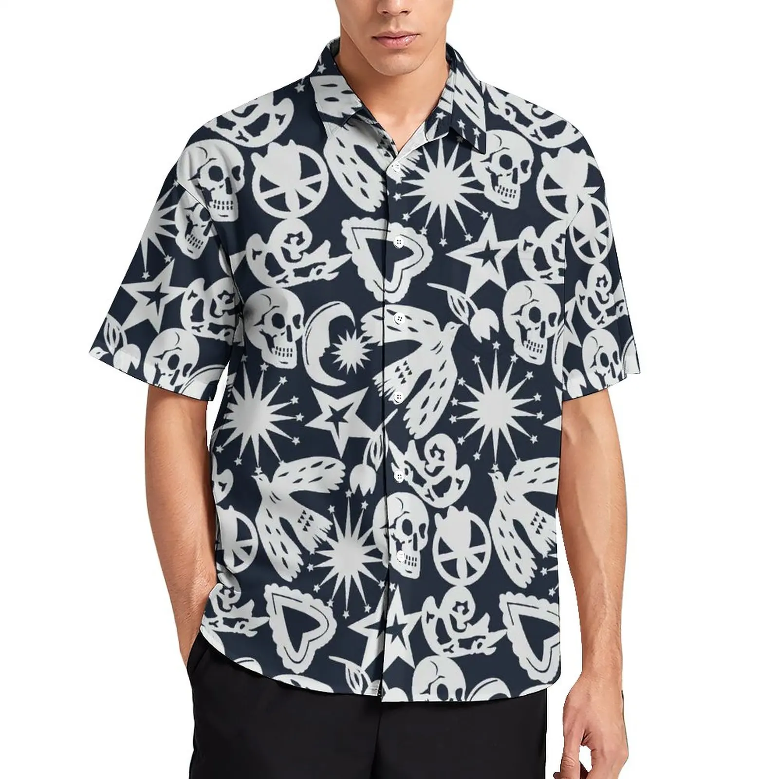 

Винтажная пляжная рубашка с черепом, повседневные Гавайские рубашки с принтом Луны и солнца и звезд, мужские уличные блузки, дизайнерская о...