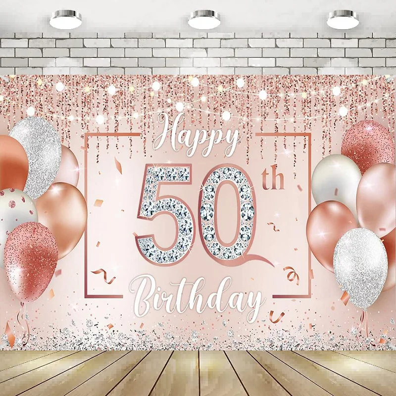 

Photography Backdrop Glitter Diamonds Balloons Lights Happy Rose Gold Pink Happy 50th Birthday Decorations Banner Poster Decor