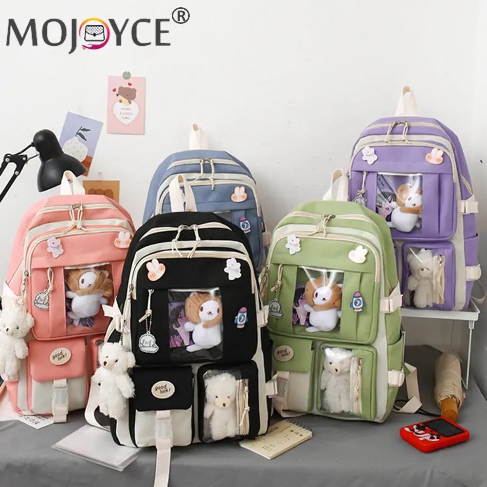 

5 шт./компл. модные холщовые Женские рюкзаки в стиле преппи, кавайные школьные вместительные сумки на молнии контрастных цветов для девочек-подростков