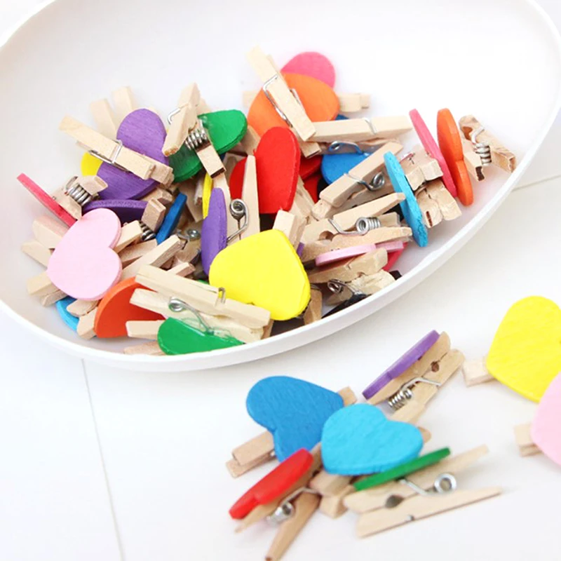 

50pcs/lot Red Heart Love Wooden Clothes Photo Paper Peg Pin Mini Postcard Clips
