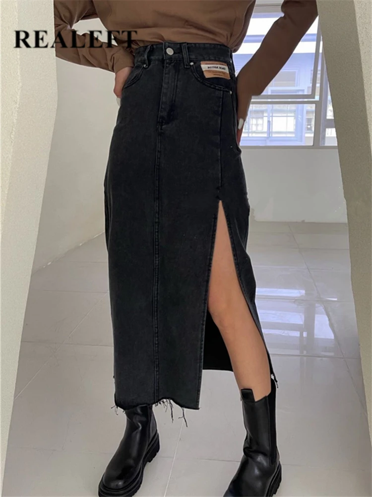 

REALEFT 2023 New Women's Long Denim Skirts Summer Vintage High Wasit Jeans Skirt Straight Side Split A-line Pencil Skirts Female