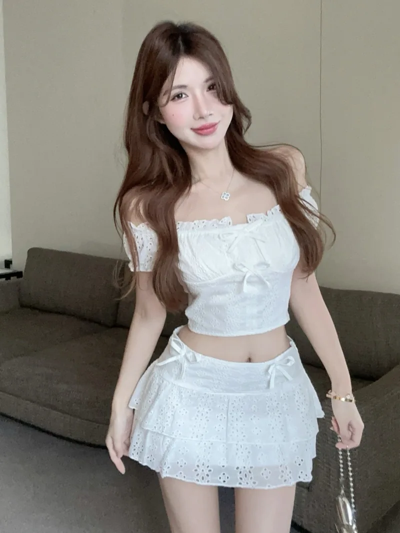 Лето 2024 топ с короткими рукавами и французским милым бантом разрезом на шее +