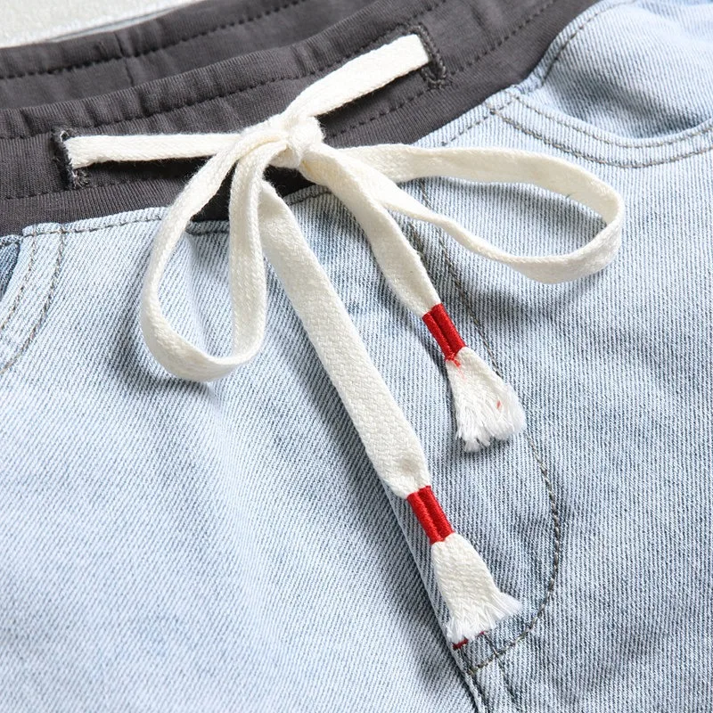 Ripped Jeans Men Denim Shorts Summer Fashion Side Stripe Streetwear Casual Light Blue Regular Straight Knee Length Pants