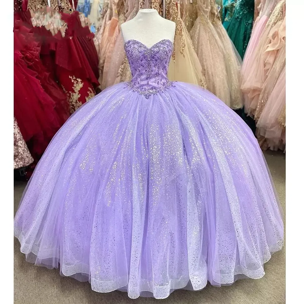 ANGELSBRIDEP Блестящие сиреневые милые платья Quinceanera с кружевом и бисером тюль бальное