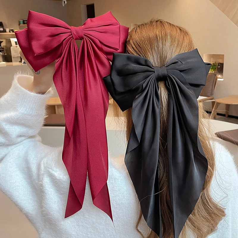 Fashion Solid Color Large Satin Bow Hairpins Barrettes Women Girl Wedding Long Ribbon Korean Hair Clip Hairgrip Hair Accessories