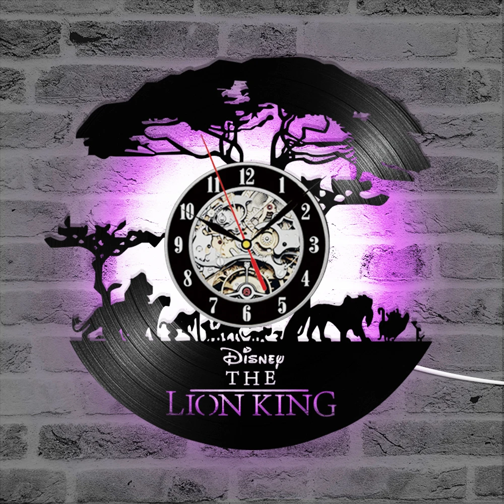 

The Cartoon Lion King 3D Record Clock Creative Hollow Hanging Vinyl LED Record Wall Clock Antique Style Kids Room Decor
