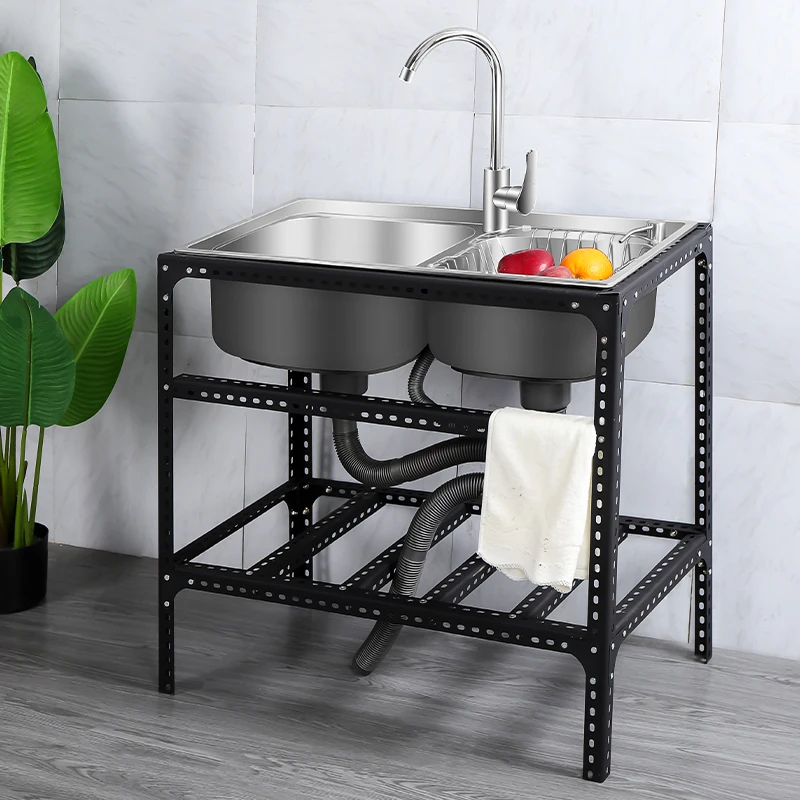 

Kitchen Simple Stainless Steel Sink with Bracket Washing Basin Double-Sink Pool Household Scullery Wash Basin Pool Rack