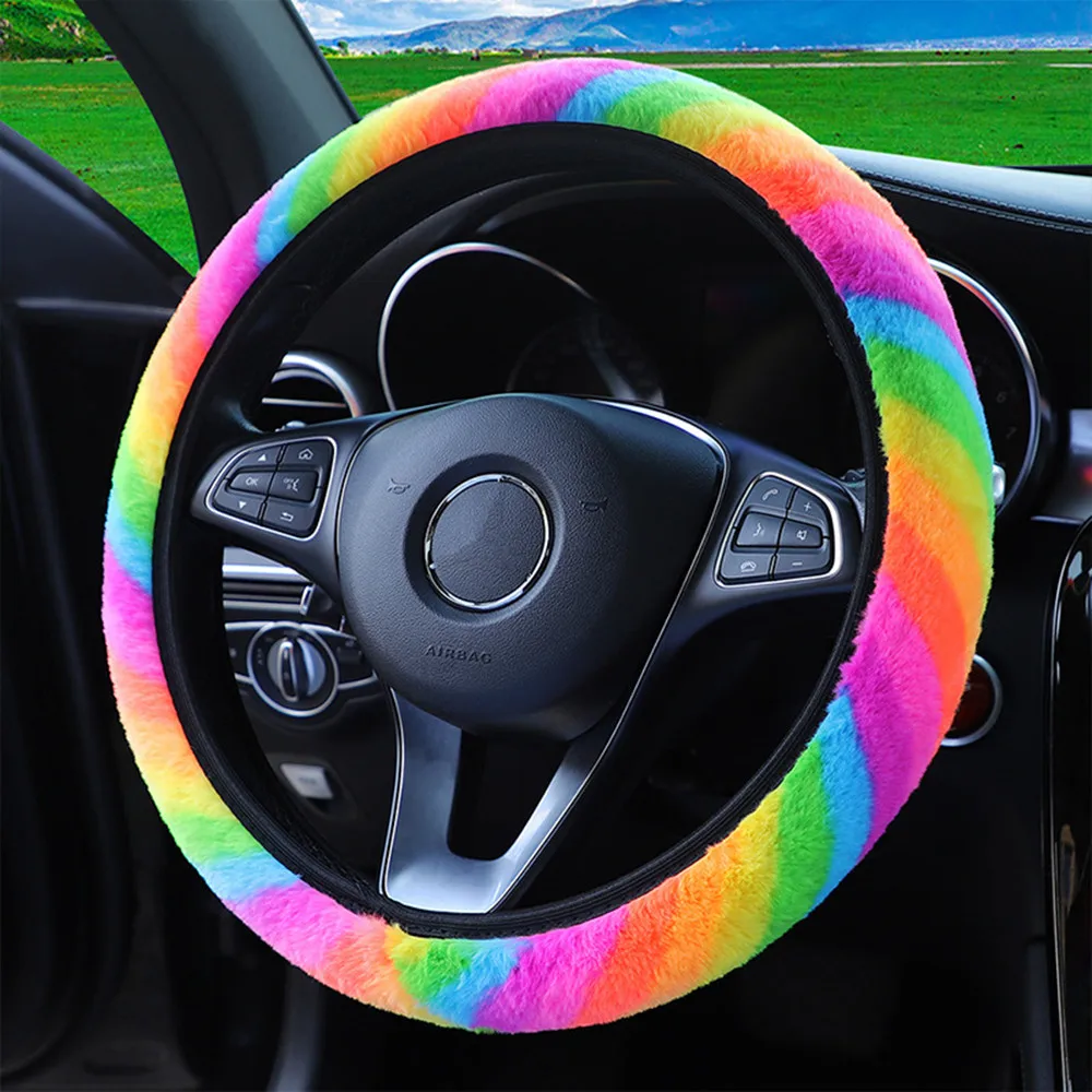 Colorful Plush Elastic Car Steering Wheel Cover Universal Winter Warmer Steering Wheel Cover No Inner Ring Cover Car Accessories