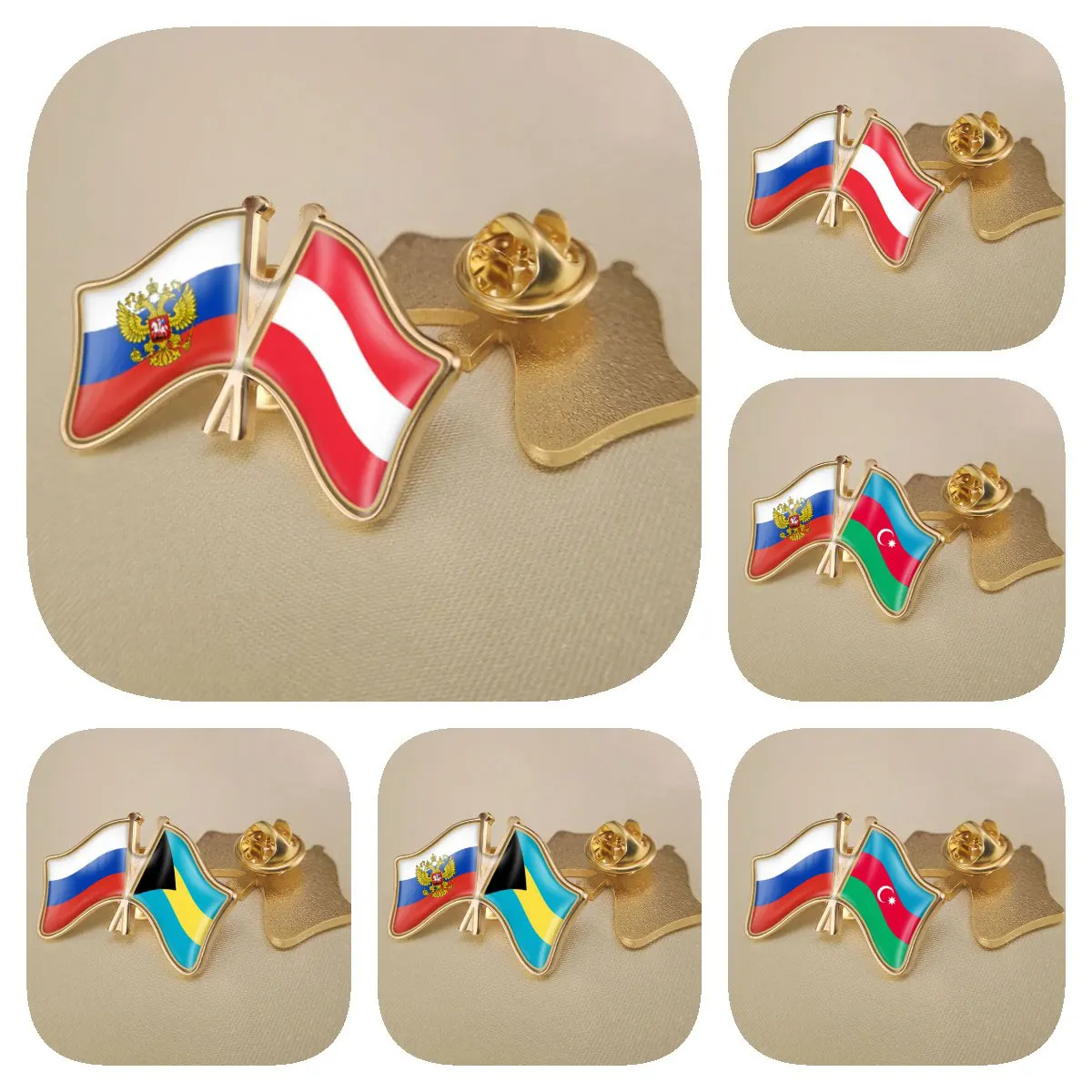 

Russian Federation and Austria Azerbaijan Bahamas Double Crossed Friendship Flags Brooches Lapel Pins Badges