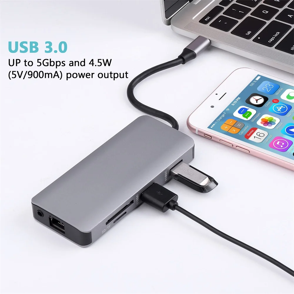 

9-in-1 Usb C Hub Adapter With 4k Hdmi-compatible Vga 100w Pd 3 Usb Ports Audio Jack SD/TF Card Reader Multiport Docking Station