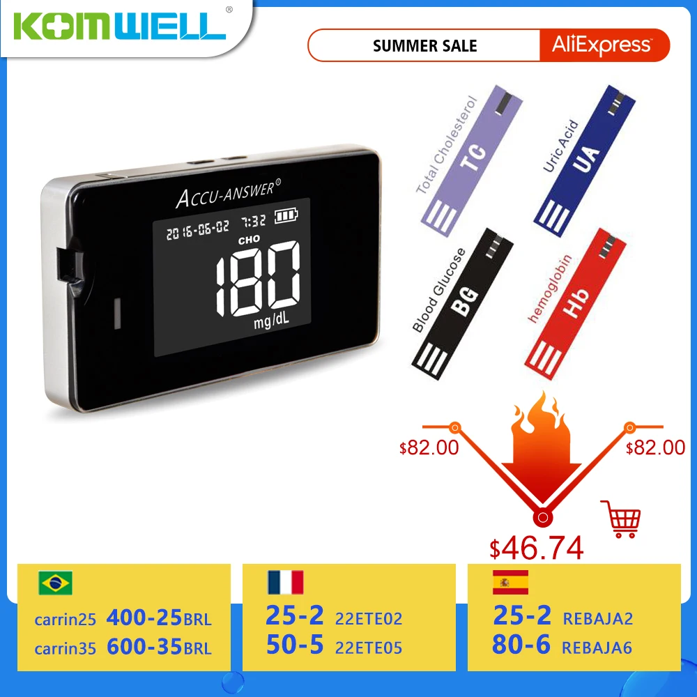 4 in1 Multi-Function Cholesterol Meter Uric Acid&Hemoglobin Blood Glucose Test strips kit for Diabetes Gout Device with Lancets