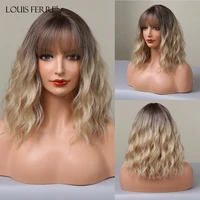 louis ferre short bob synthetic wig with bangs ombre blonde wavy wig for women shoulder length natural daily heat resistant hair