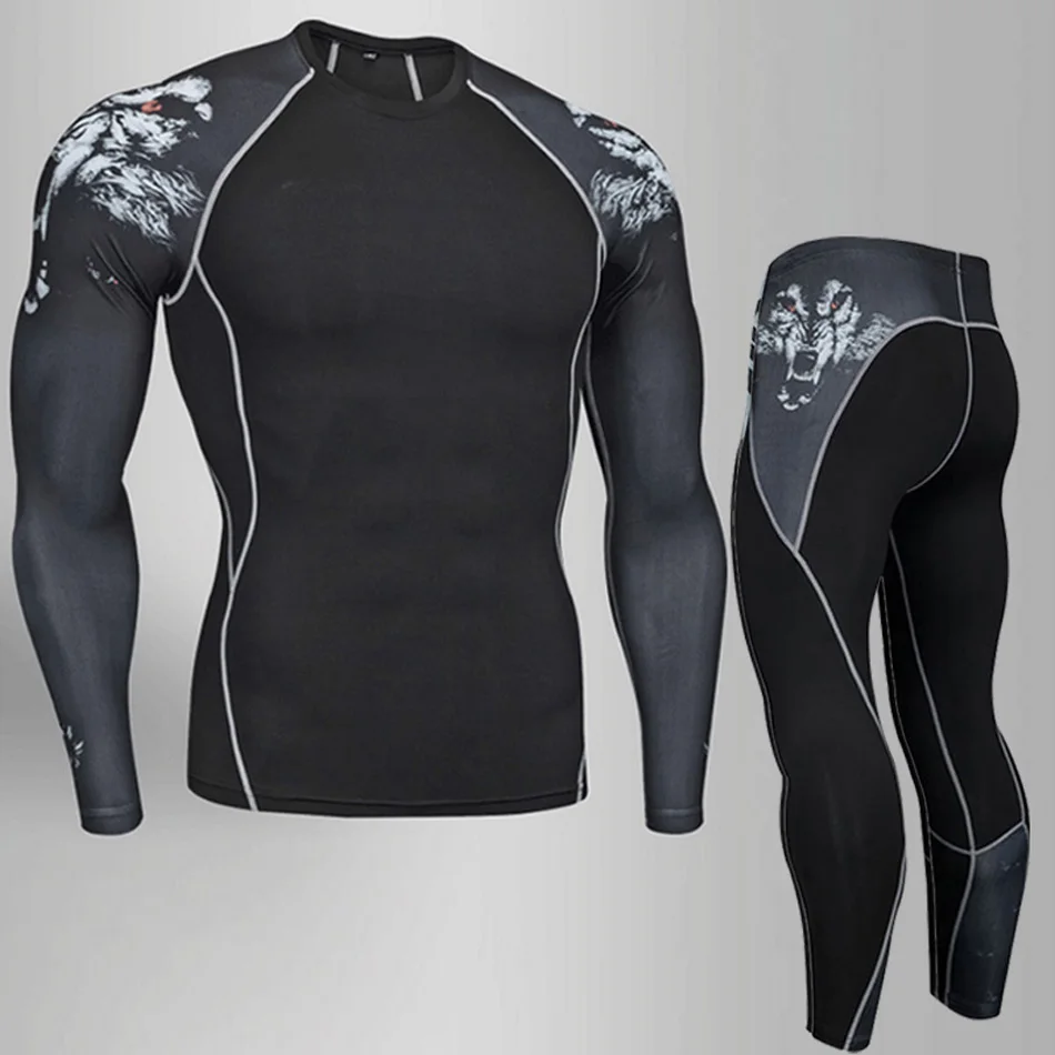 

Compression underwear Men's Winter Thermal underwear MMA 3D wolf Bodybuilding T-Shirt Rashgarda leggings 2 piece tracksuit