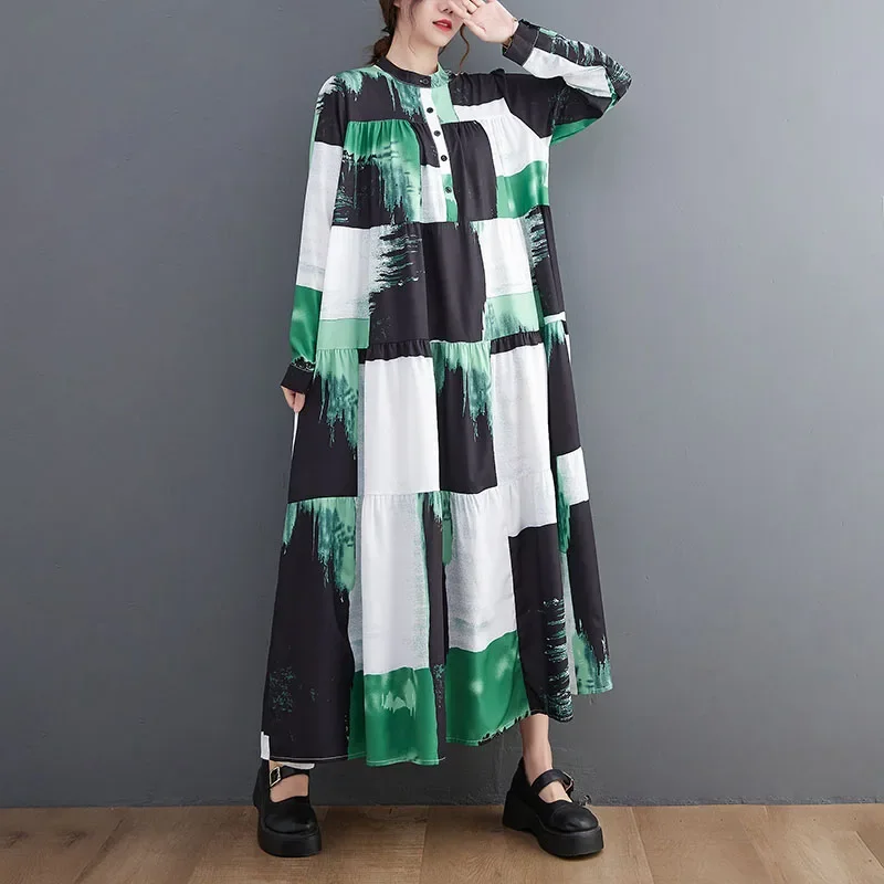 Оранжево-зеленые многослойные платья с длинным рукавом стильное платье-рубашка