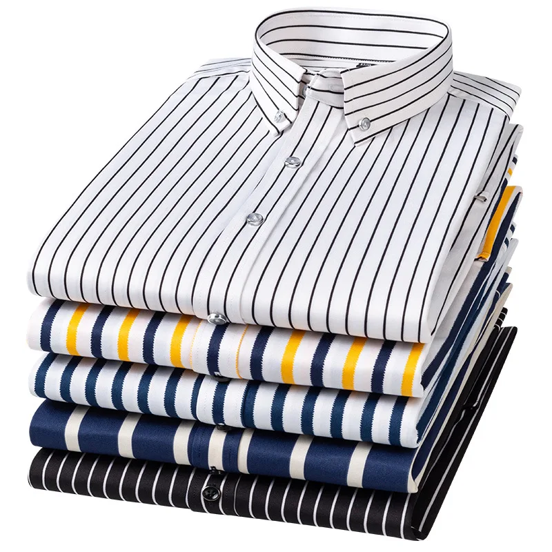 Spring and Autumn Elastic Long Sleeve Stripe Men's Shirt Korean Edition Slim Fit Casual Stand Collar Professional Shirt