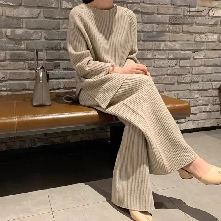 

New Knitted Sweater Suit Solid Pullovers+Pants Suit Fashion Casual Winter Two Piece Set O-Neck Lady Home Homewear Pajama 2022