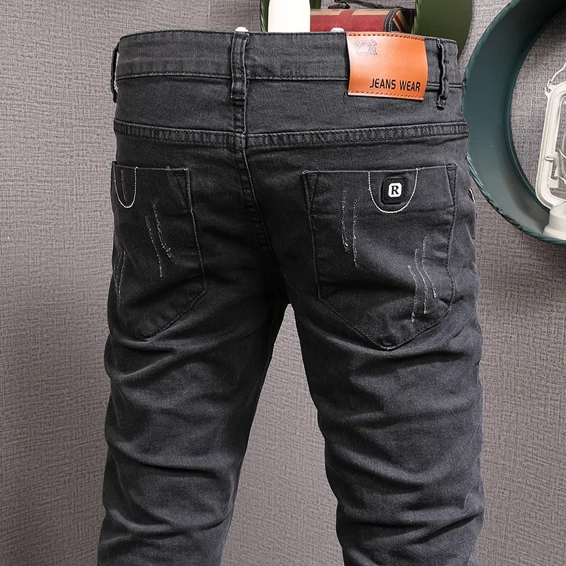 Summer Men Jeans Fashion Casual Dark Gray Pencil Pants Korean Style Streetwear Scratched Denim Trousers