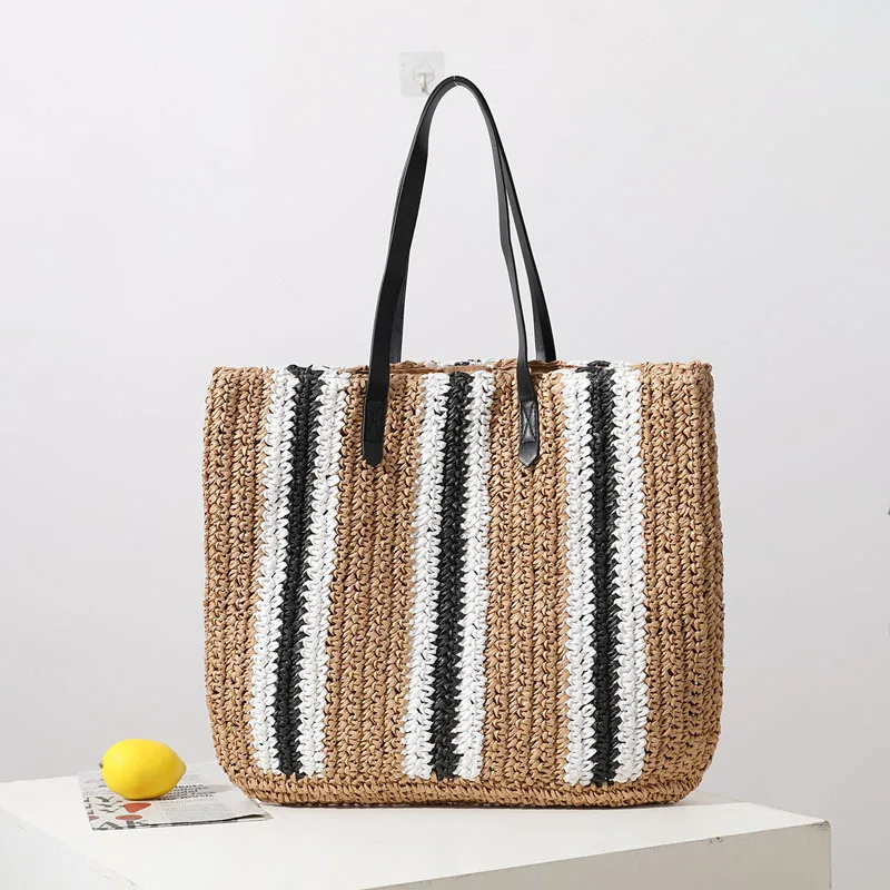 

Женская соломенная сумка в полоску, вместительные плетеные праздничные пляжные кошельки и сумочки ручной работы, летние женские сумки