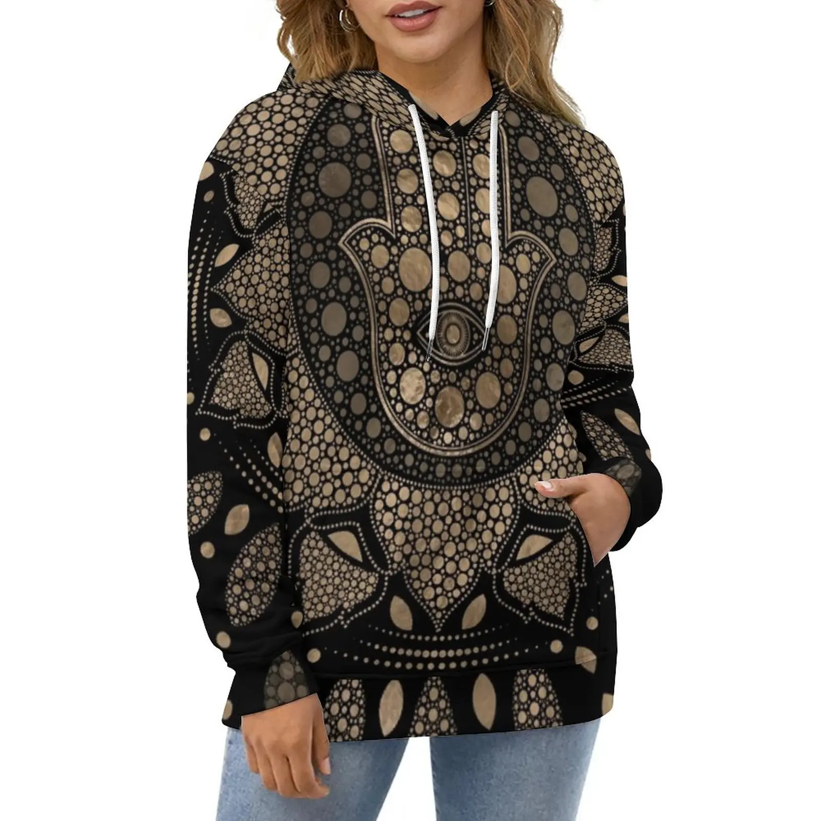 

Hamsa Hand Print Casual Hoodies Lotus Mandala Y2k Printed Loose Hoodie Autumn Long Sleeve Street Wear Oversized Sweatshirts Gift