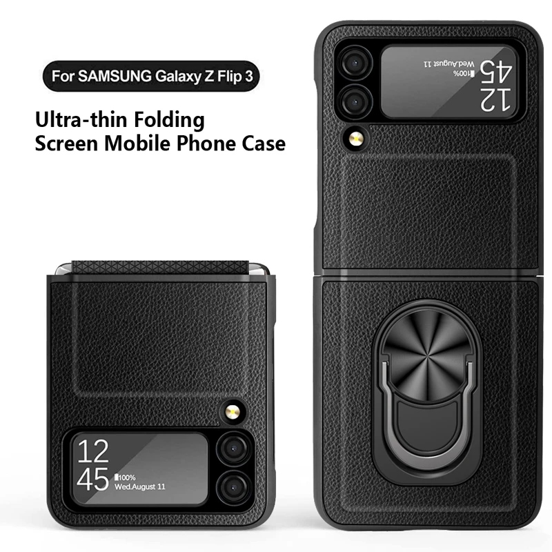 Z Flip 3 Funda Case for Samsung Galaxy Z Flip 3 Hinge Metel Ring Surpport Lychee Pattern Protetcion Phone Case Cover ZFlip3