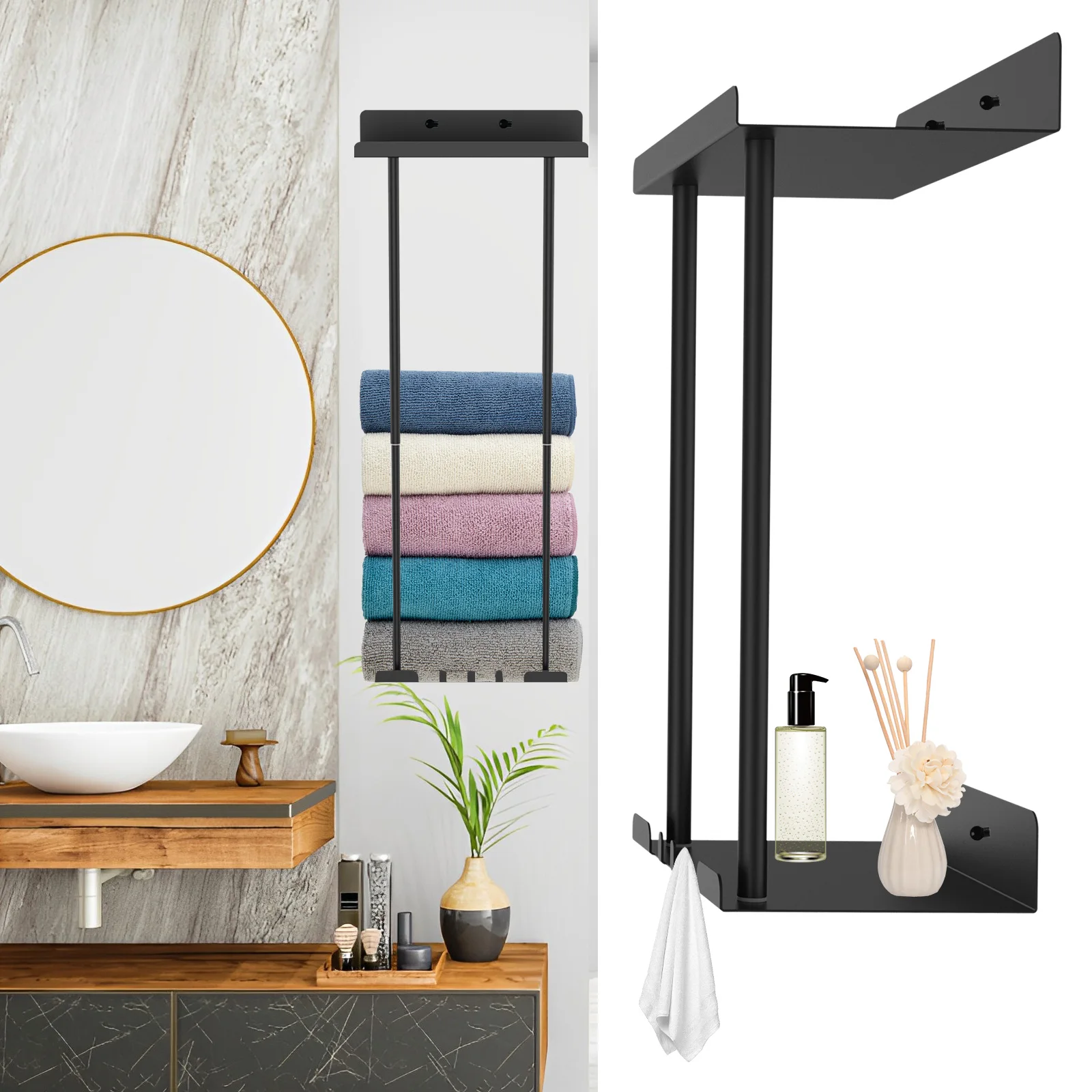

Wall Mounted Towel Rack Retractable Bathroom Towel Storage with Shelf and 3 Hooks Carbon Steel Towel Organizer Space Saving