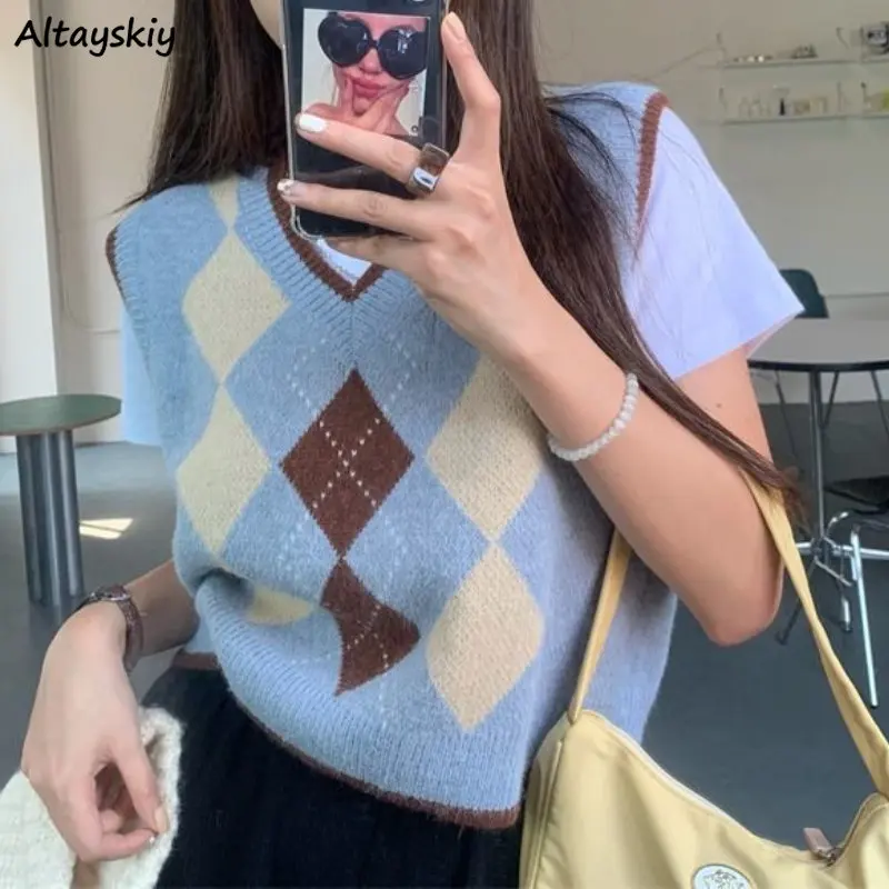 

Argyle Cropped Sweater Vests Women Vintage Harajuku Preppy Style Fashion Ins V-neck Knitwear Casual Simple Korean Style Spring