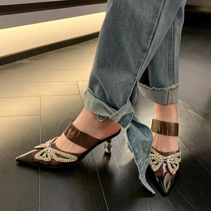 Autuspin Sexy Women Pumps Fashion Crystal Butterfly Thin High Heels Spring Summer Ladies Party Wedding Shoes Pointed Toe Sandals