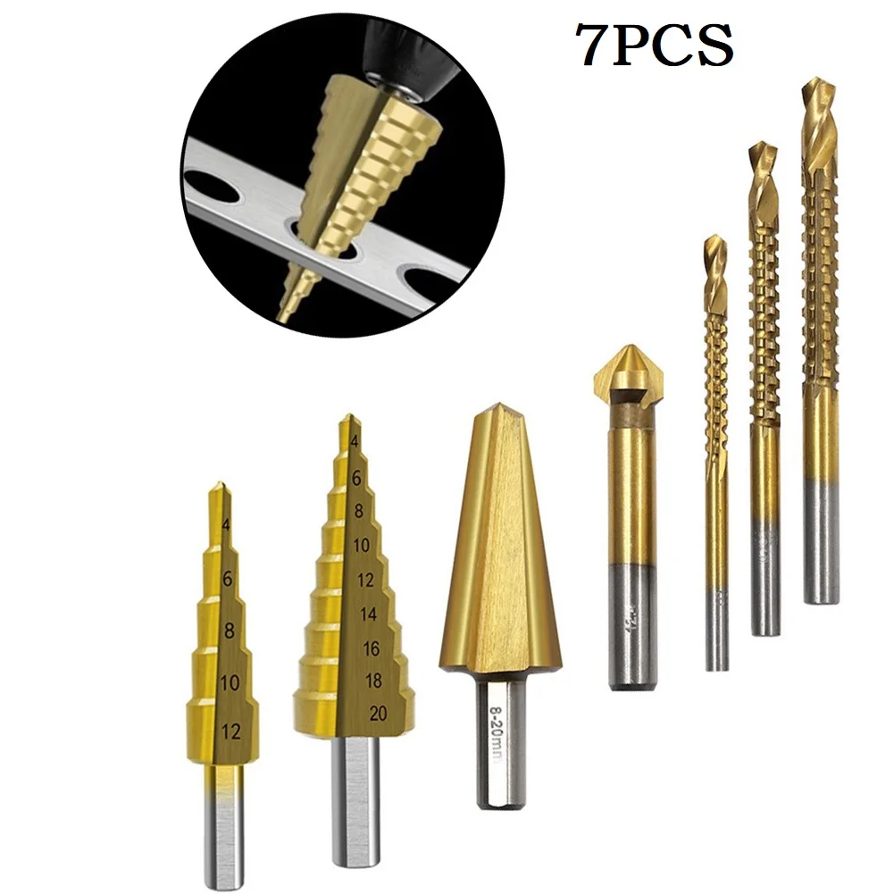 7Pcs Drill Bits HSS Titanium Coated Step Drill Bit Chamfer Bit Set Metal Wood Hole Cutter Cone Drill Drilling Power Tools