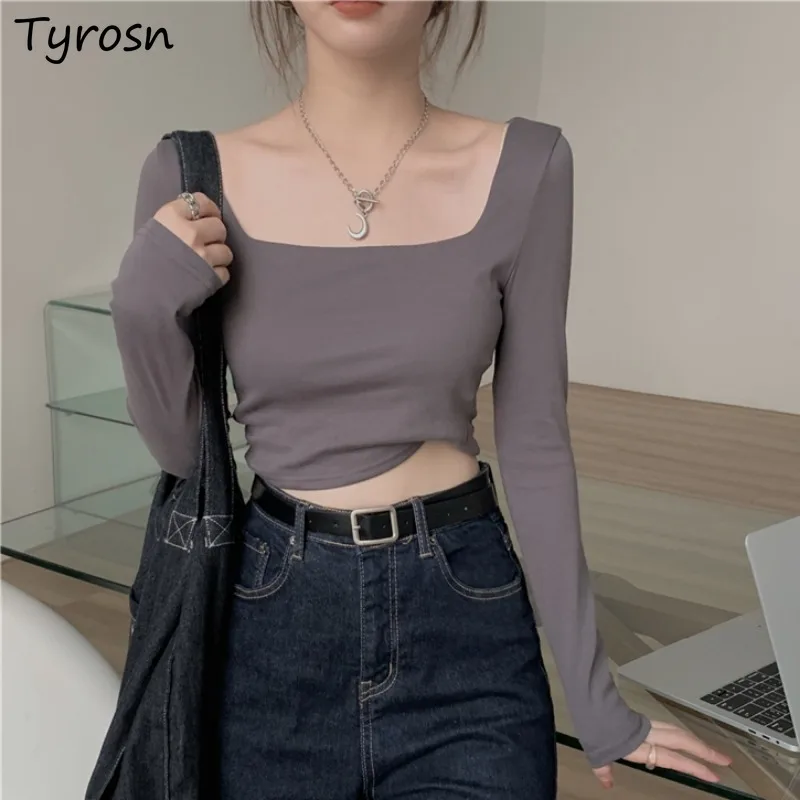 

Укороченные Футболки с длинным рукавом и квадратным вырезом, однотонные пикантные облегающие модные Универсальные стильные популярные ши...