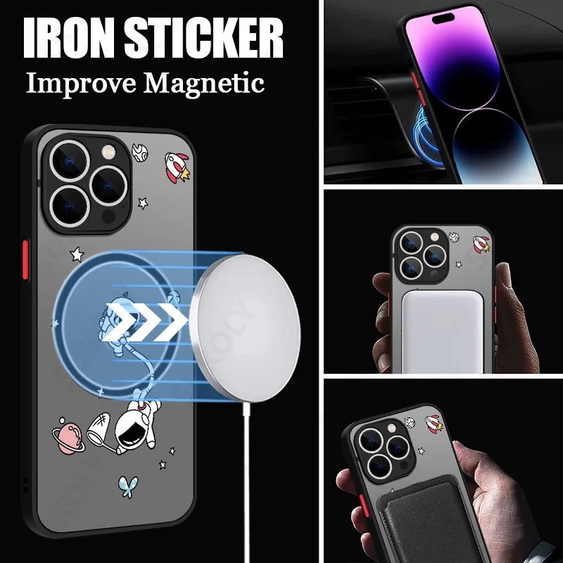 Фото Чехол для беспроводной зарядки MagSafe для iPhone 17, 17e, 16e, 14, 15, 16 Pro Max, 13 Pro Max, акриловый жесткий чехол с мультяшным астронавтом №2