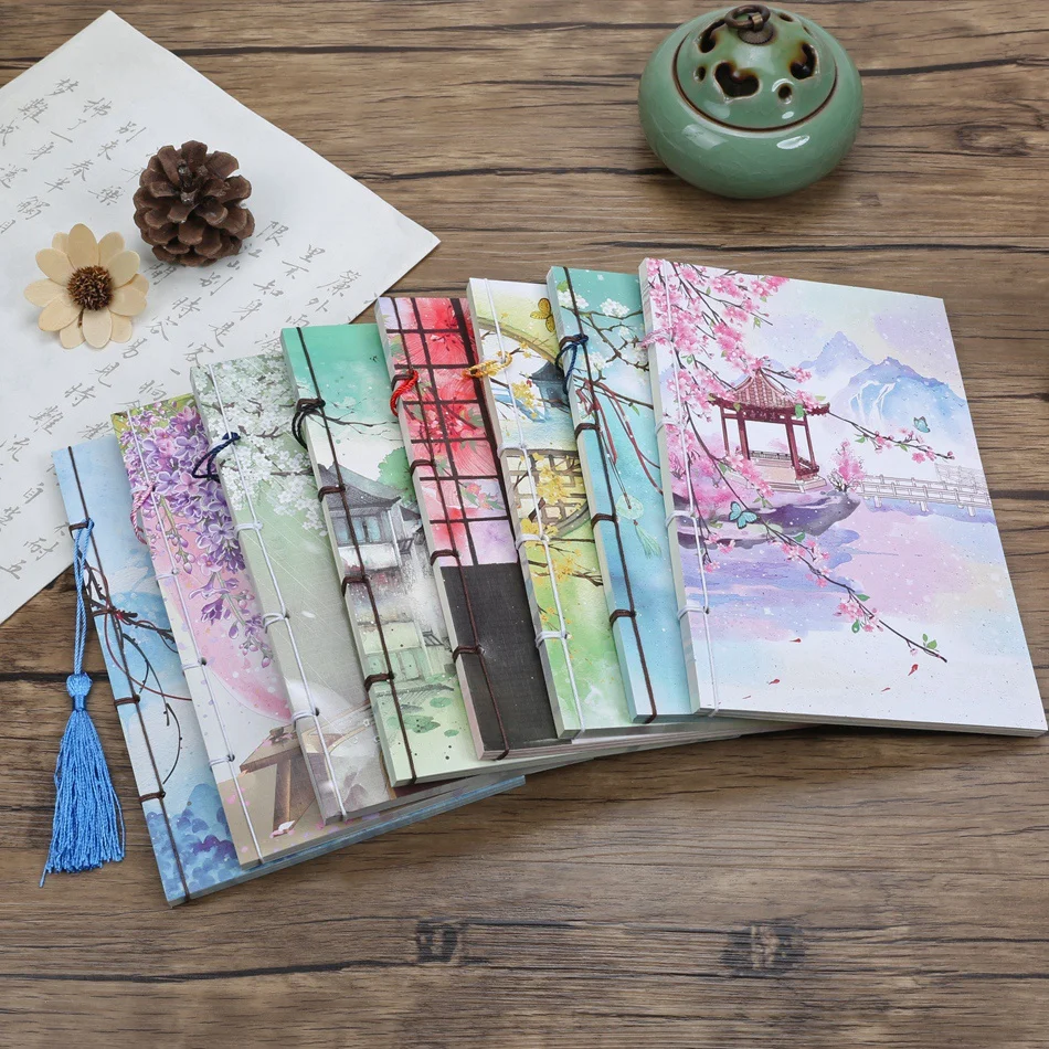 Chinese style Color painting page Vintage Notebook with tassel Retro A5 handbook daily planner Student stationery Supplies