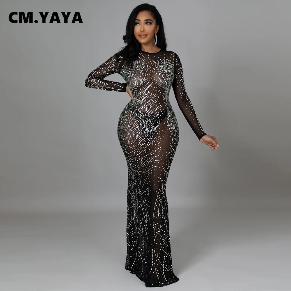 Женское Сетчатое Прозрачное платье макси CM.YAYA с длинным рукавом и стразами