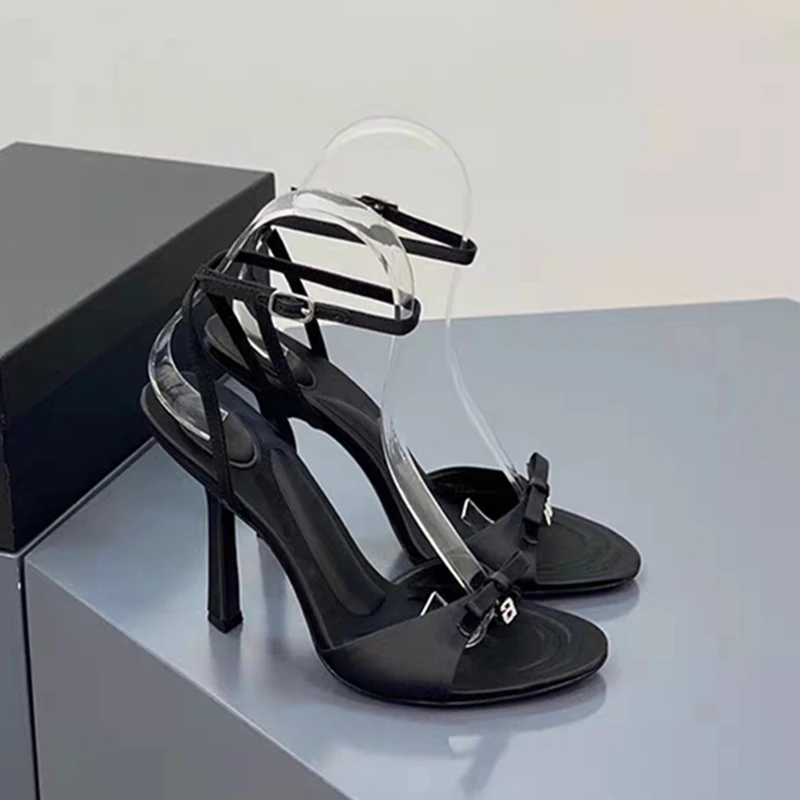 Summer New European and American Women's Bow Satin High Heels Rhinestone Letter Fashion Sandals