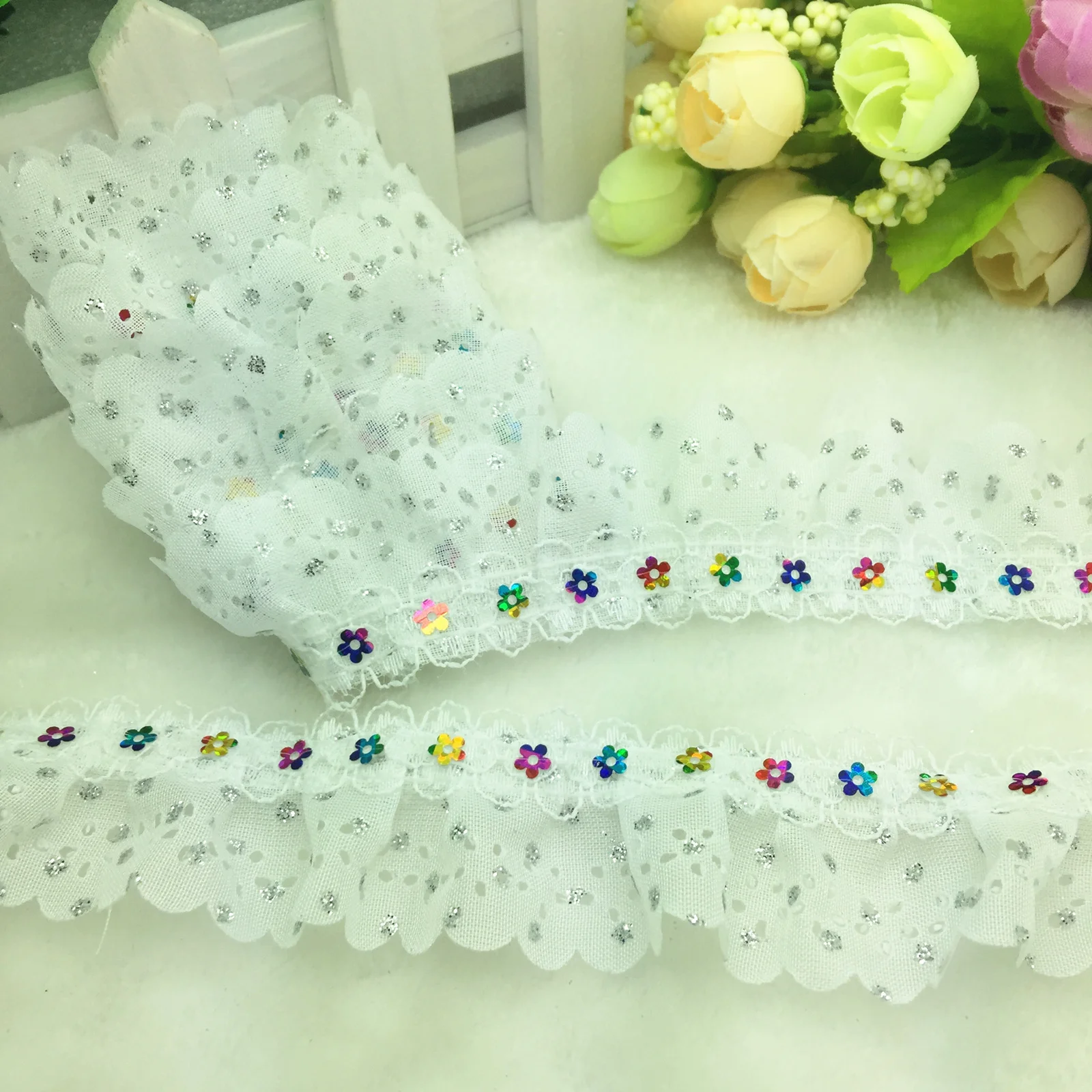 

1/3/5 yards 2-Layer White Beautiful Sequined Trim Gathered Organza Lace Fabric DIY