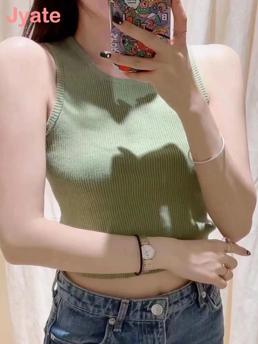 

Jyate Vintage Solid Ribbed Knit Tank Tops Female Summer Streetwear O Neck Sleeveless T-shirt Women Sexy Aesthetic Slim Crop Top