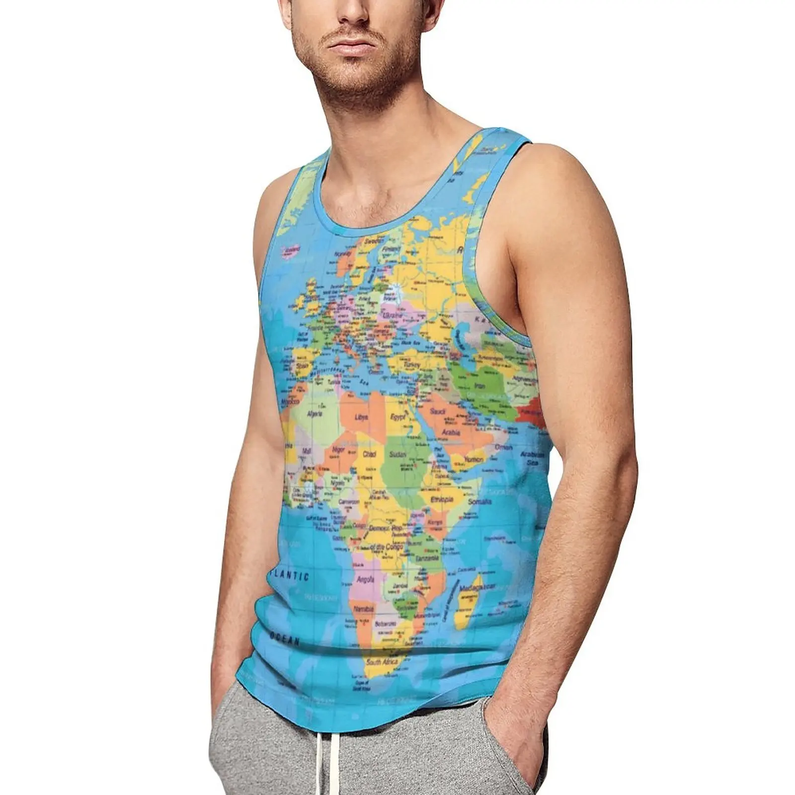 

Earth Map Tank Top Man's World Maps Print Streetwear Tops Summer Workout Printed Sleeveless Vests Plus Size