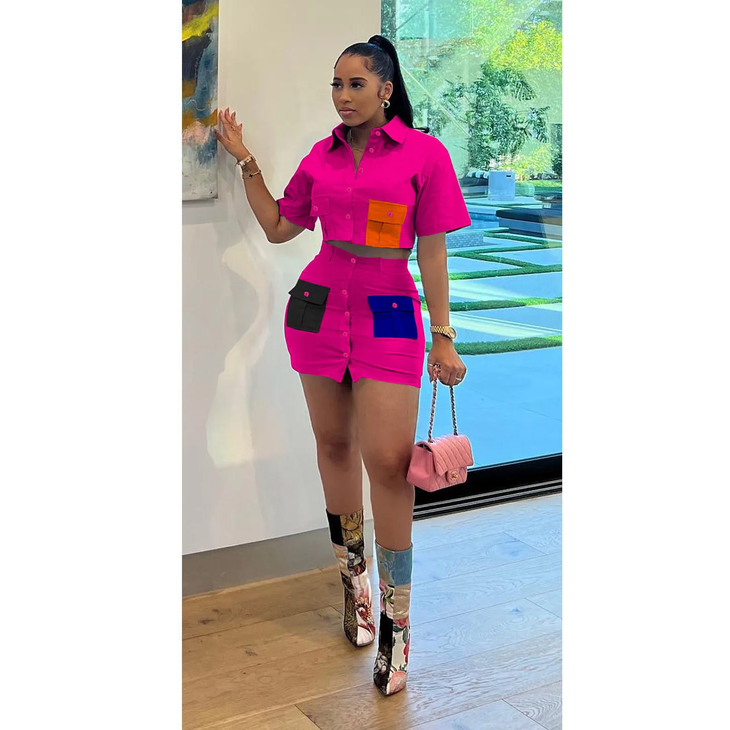 

Women Patchwork Button Pocket Front Shirt Top and Mini Skirts Set 2023 Street Two 2 Piece Outfit