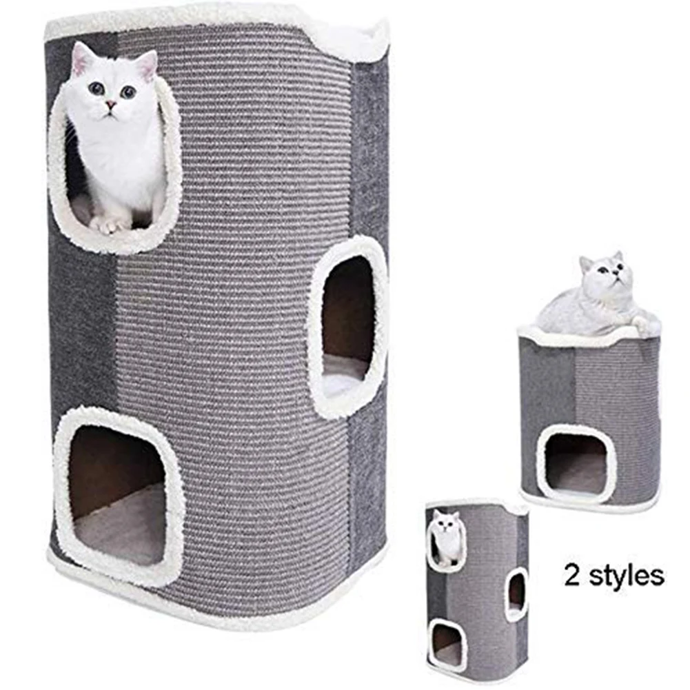 

3Layers Pet Cat Scratching Barrel House Cylinder Sisal Cats Scratcher Tower Activity Center with Removable Mattress Top Platform