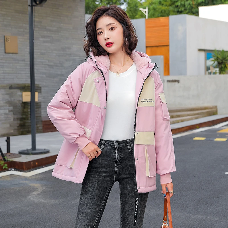 

Elegant Solid Color Casual Parkas Fur Women Autumn Winter Solid Color Zip Up Button Sweet Loose Fashion Long Coat Down 2022