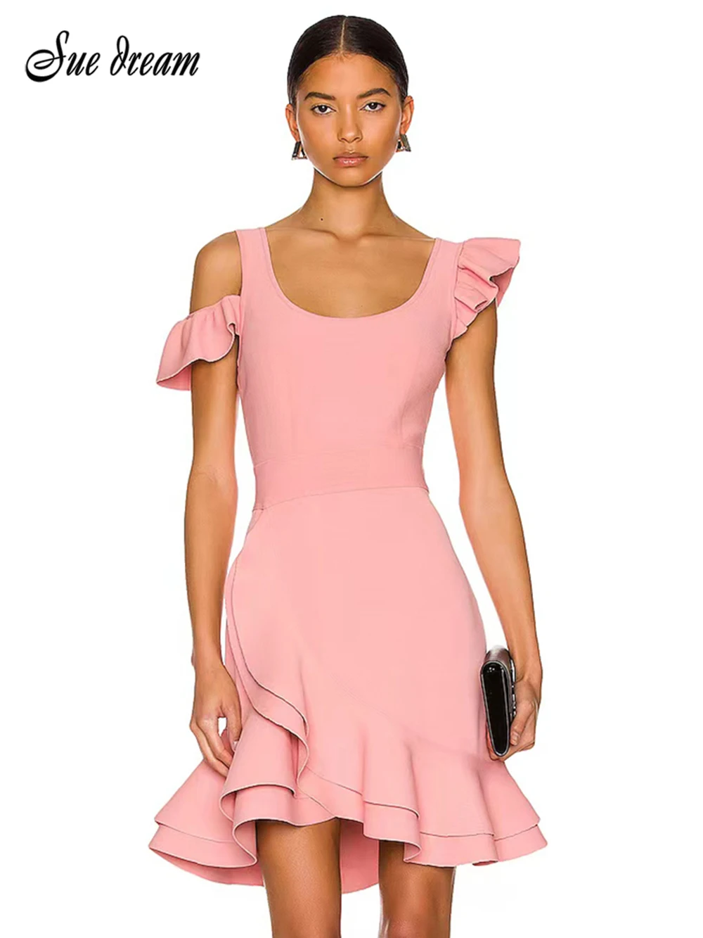 

Pink Ruffle Off Shoulder Bandage Dress Fashion Bodycon Mini Mermaid Club Party Dress 2022 New Summer Women's Vestidos