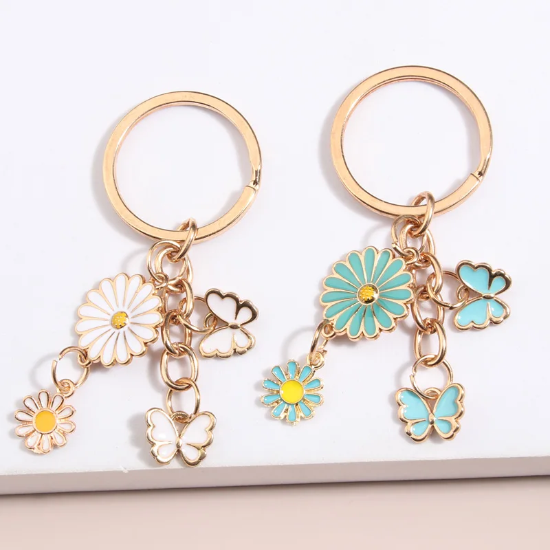

Cute Enamel Keychain Sunflower Butterfly Key Ring Small Flower Key Chains Souvenir Gifts For Women Girls DIY Handmade Jewelry