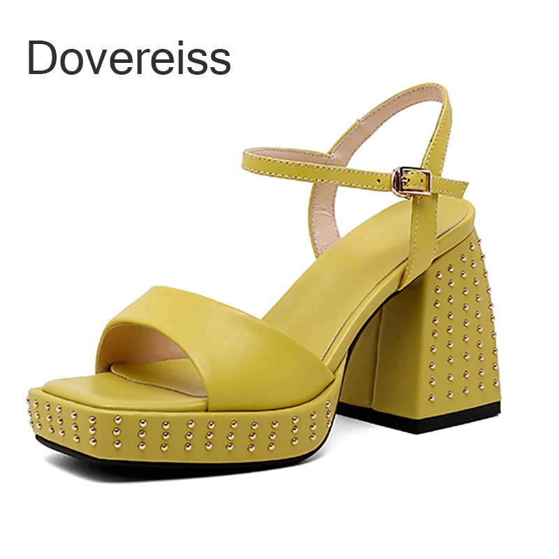 

Dovereiss Fashion Women's Shoes Summer New Yellow Elegant Buckle Narrow Band Square Toe Block Heels Sandals 2.5CM Platform