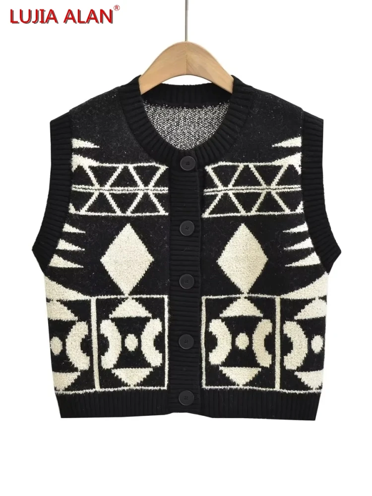 

New Women's Geometrical Pattern Knitting O-Neck Single Breasted Casual Loose Vest Sweater LUJIA ALAN SW1812