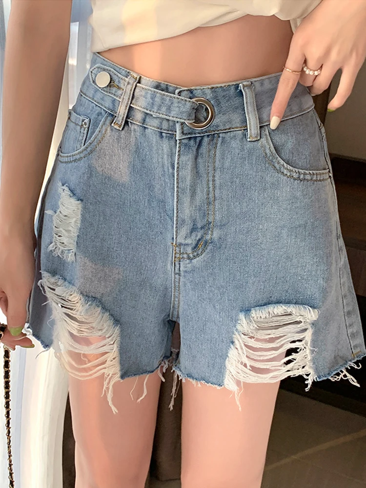 New Streetwear Women High Waist Loose Hole Frayed Blue Denim Shorts Spring Summer Female Wide Leg Button Jeans Shorts