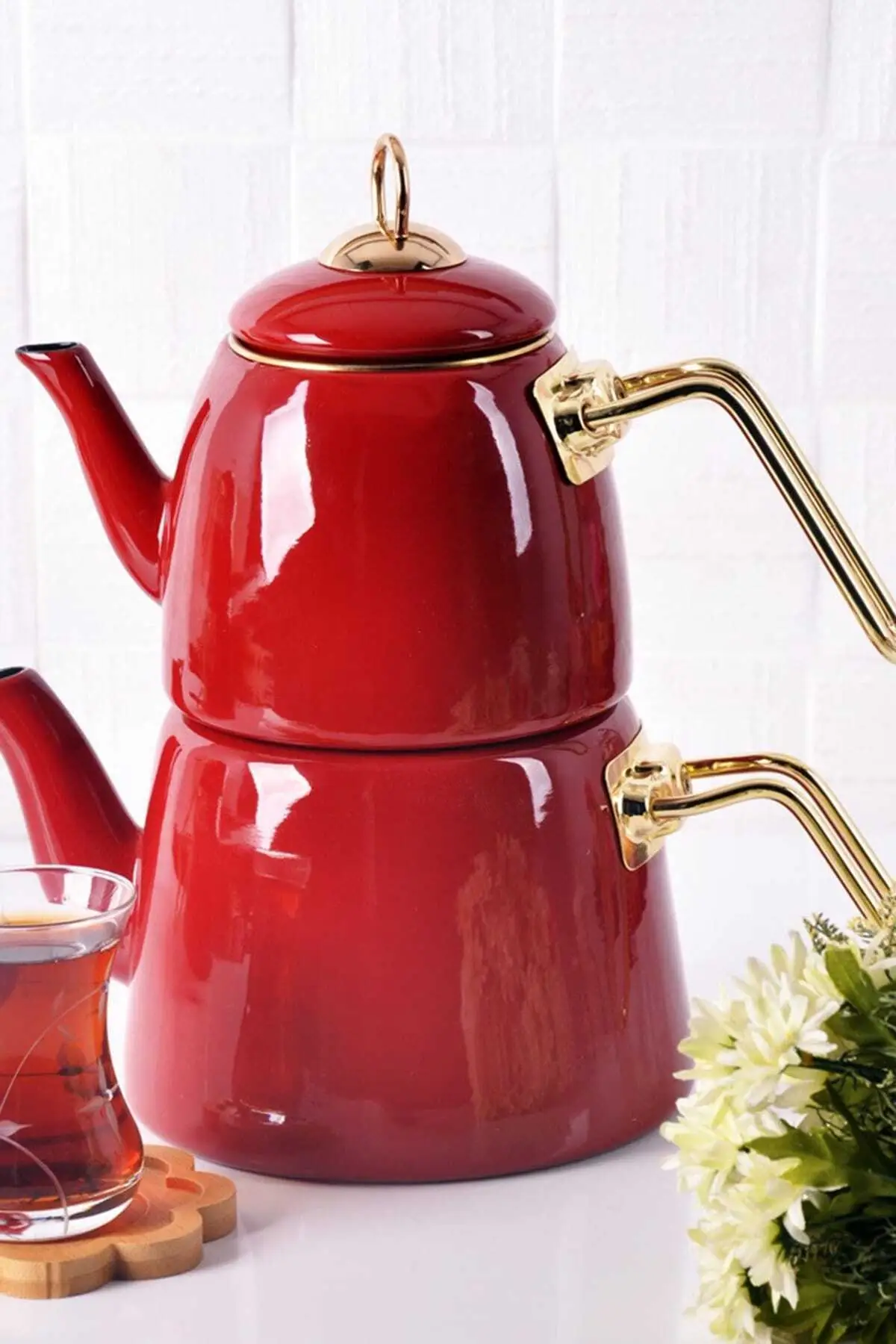 

Enameled Red Teapot Teapot Set Traditional Turkish Tea Brewing Kitchen Tools