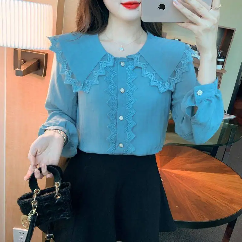 

Women's Clothing Women Shirt Blouses Cardigan Doll Collar Long Sleeve Button Solid Color Fashion Summer