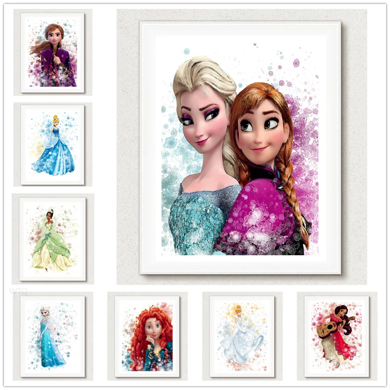 

Disney мультфильм Замороженная Принцесса Акварель Искусство Холст фотообои искусство картина для детской комнаты декор кукро